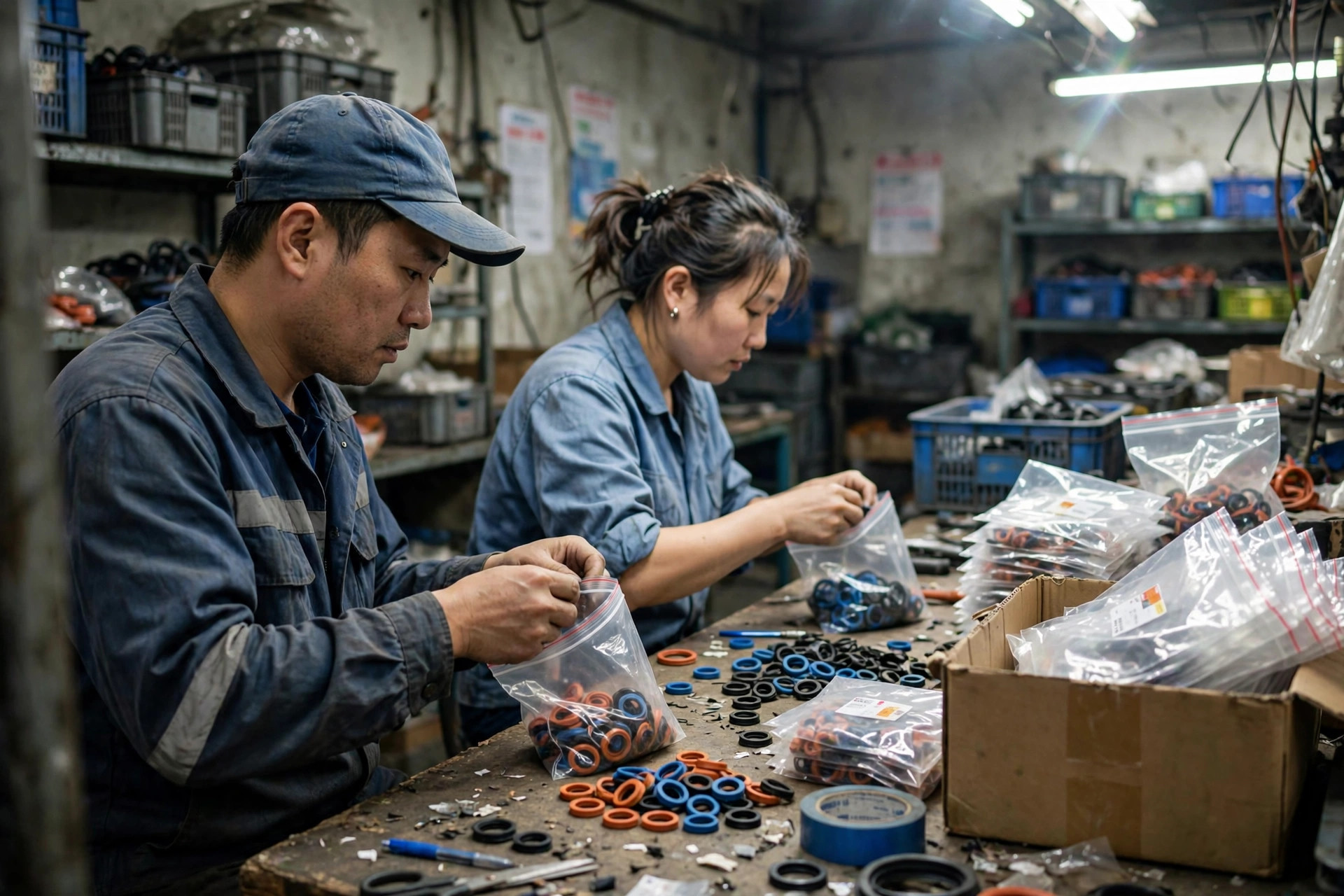 Assembling breaker seal kits on the workbench — rings sorted by group and bagged by hand